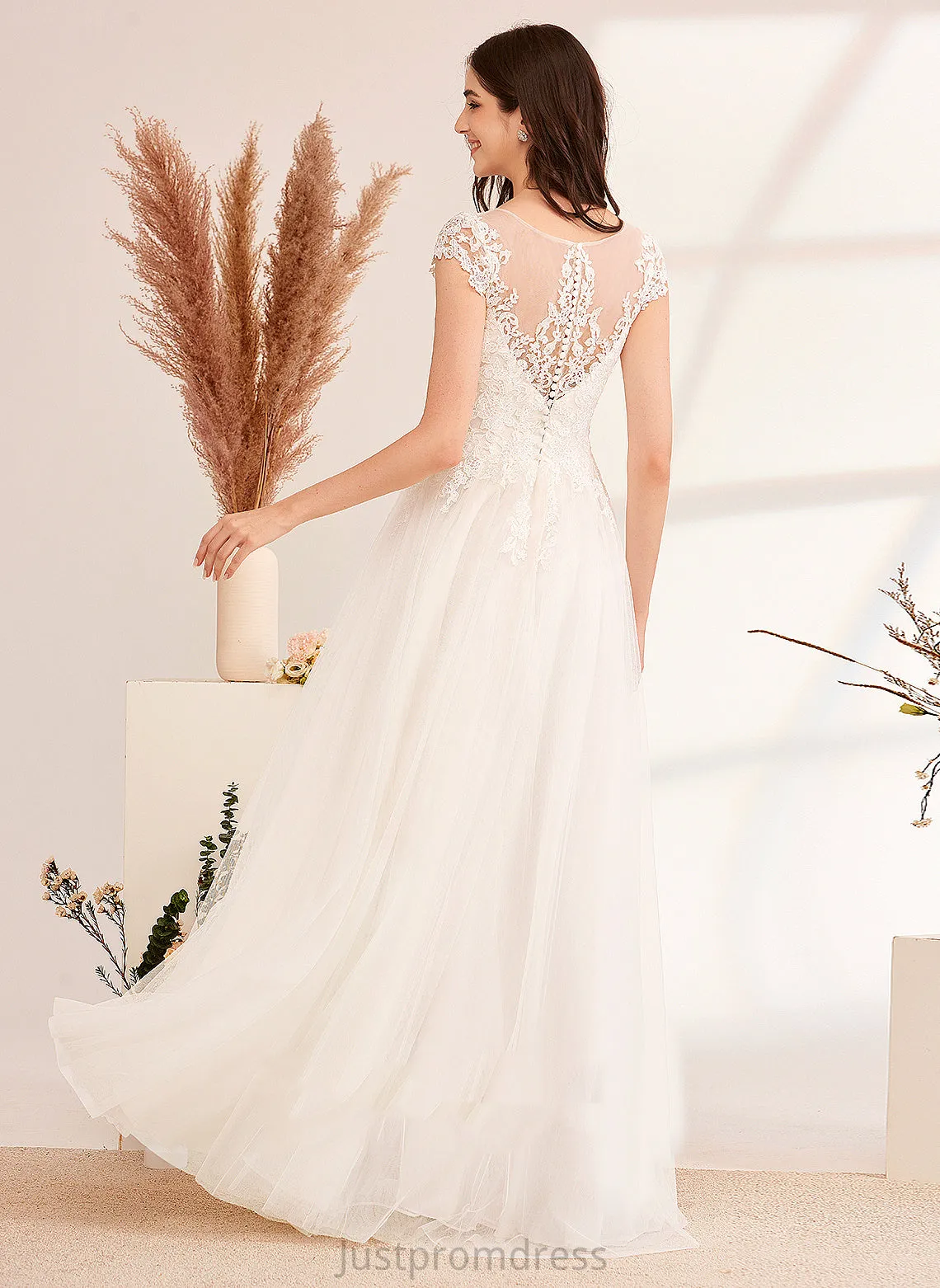 Floor-Length With Dress Illusion Wedding Lace Ainsley Tulle Wedding Dresses Ball-Gown/Princess Lace