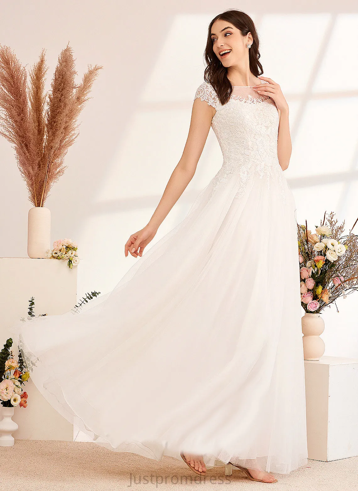 Floor-Length With Dress Illusion Wedding Lace Ainsley Tulle Wedding Dresses Ball-Gown/Princess Lace