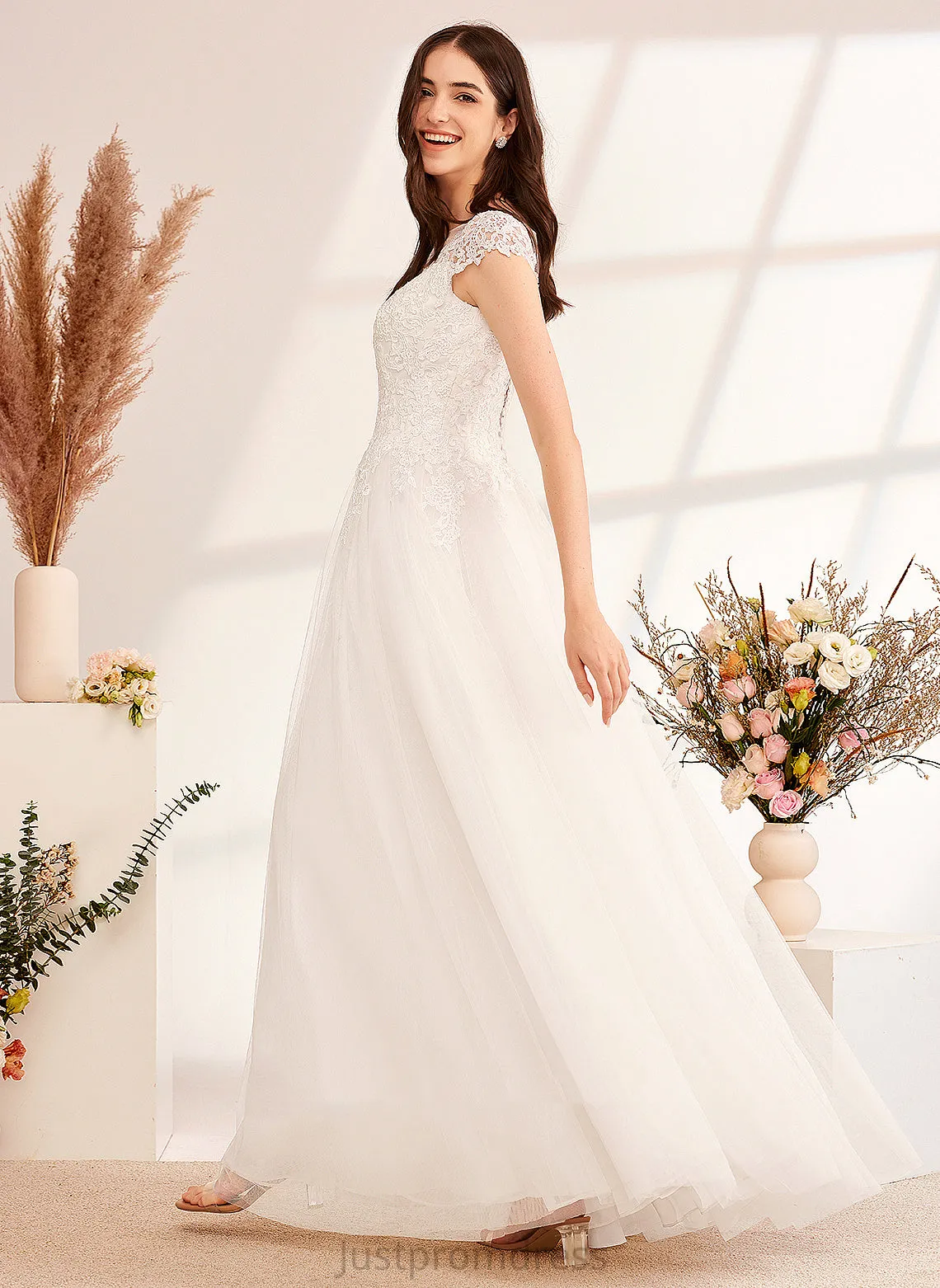 Floor-Length With Dress Illusion Wedding Lace Ainsley Tulle Wedding Dresses Ball-Gown/Princess Lace