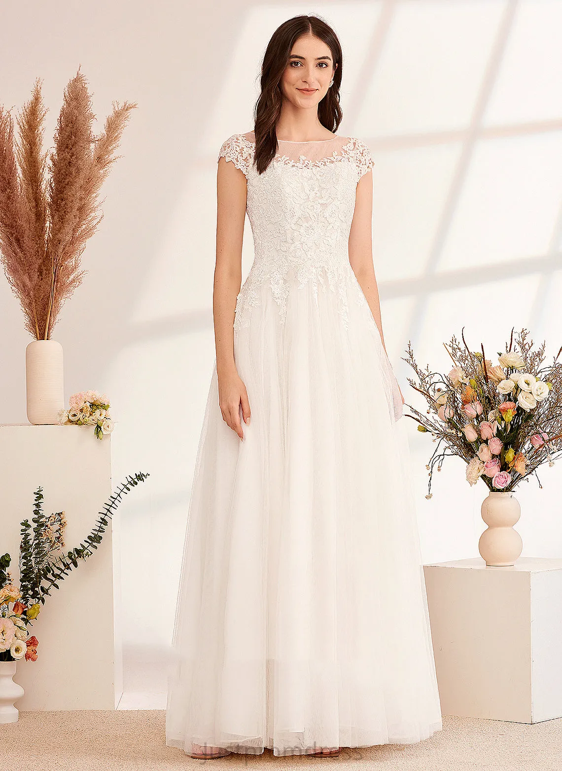 Floor-Length With Dress Illusion Wedding Lace Ainsley Tulle Wedding Dresses Ball-Gown/Princess Lace