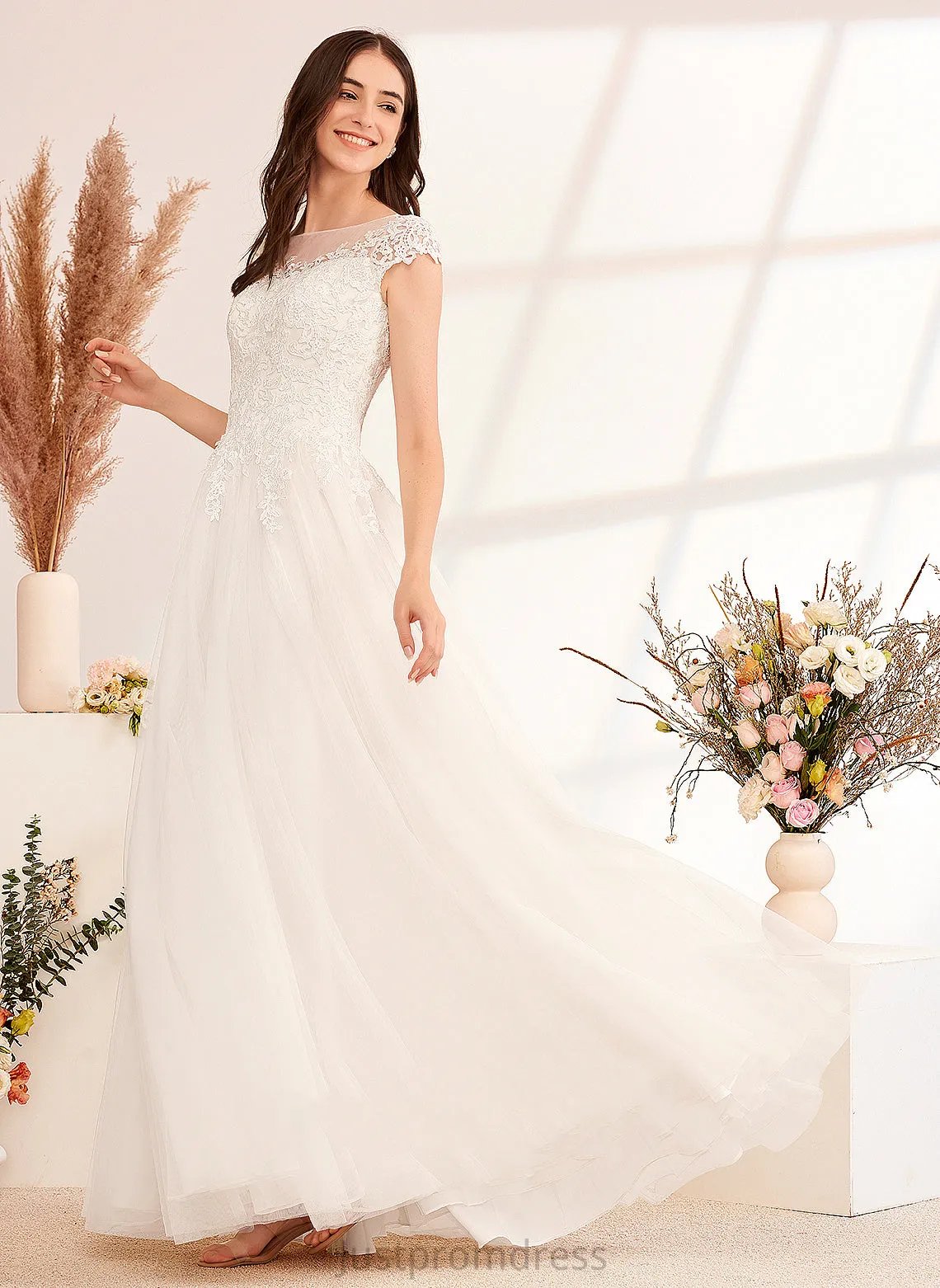 Floor-Length With Dress Illusion Wedding Lace Ainsley Tulle Wedding Dresses Ball-Gown/Princess Lace