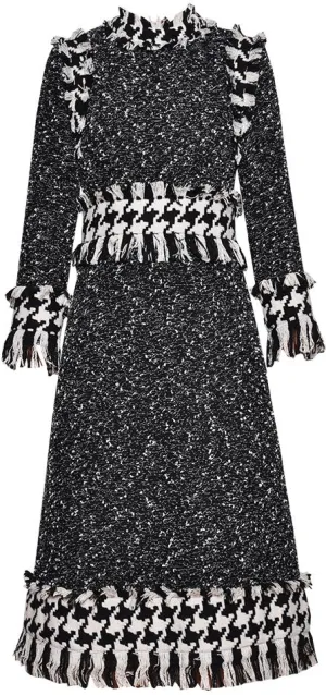 Fringed Tweed Houndstooth Paneled Dress