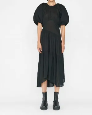 Gathered Seam Puff Sleeve Dress in Noir | Noir
