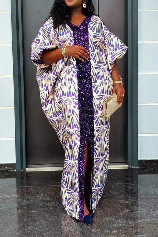 Graphic Print Laid Back Sequined Patchwork Maxi Dress