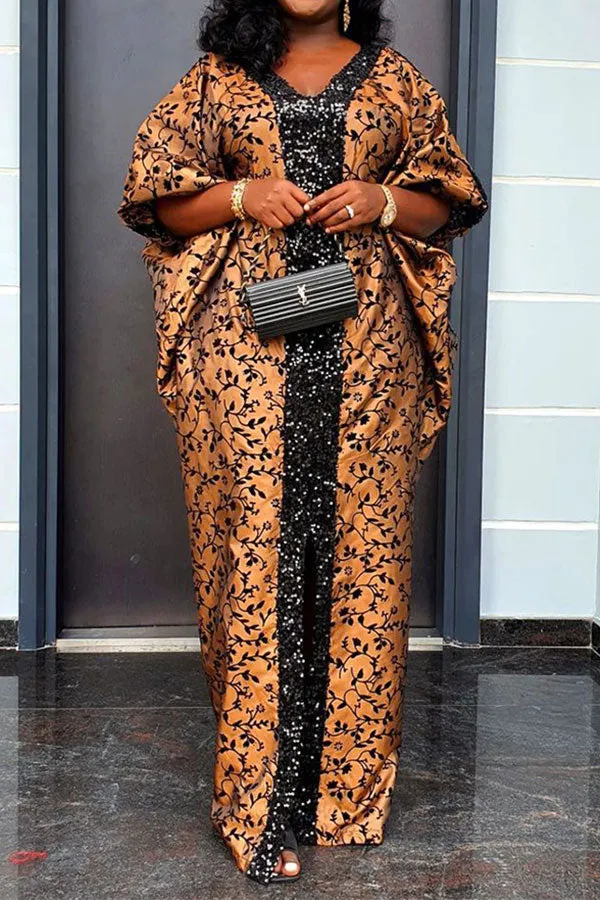 Graphic Print Laid Back Sequined Patchwork Maxi Dress