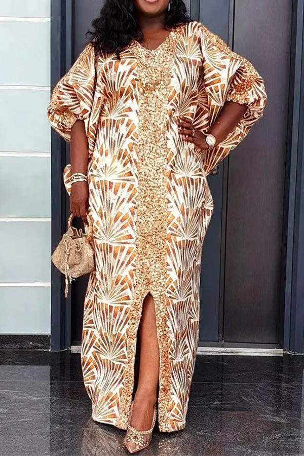 Graphic Print Laid Back Sequined Patchwork Maxi Dress