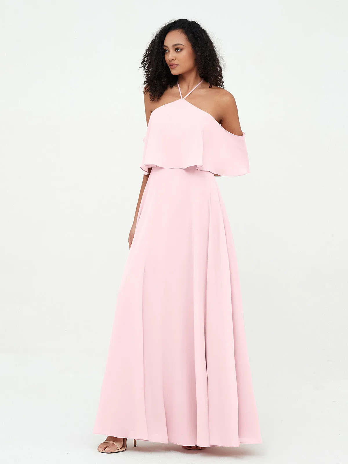 Halter Off the Shoulder Max Dresses with Pockets-Blushing Pink Plus Size
