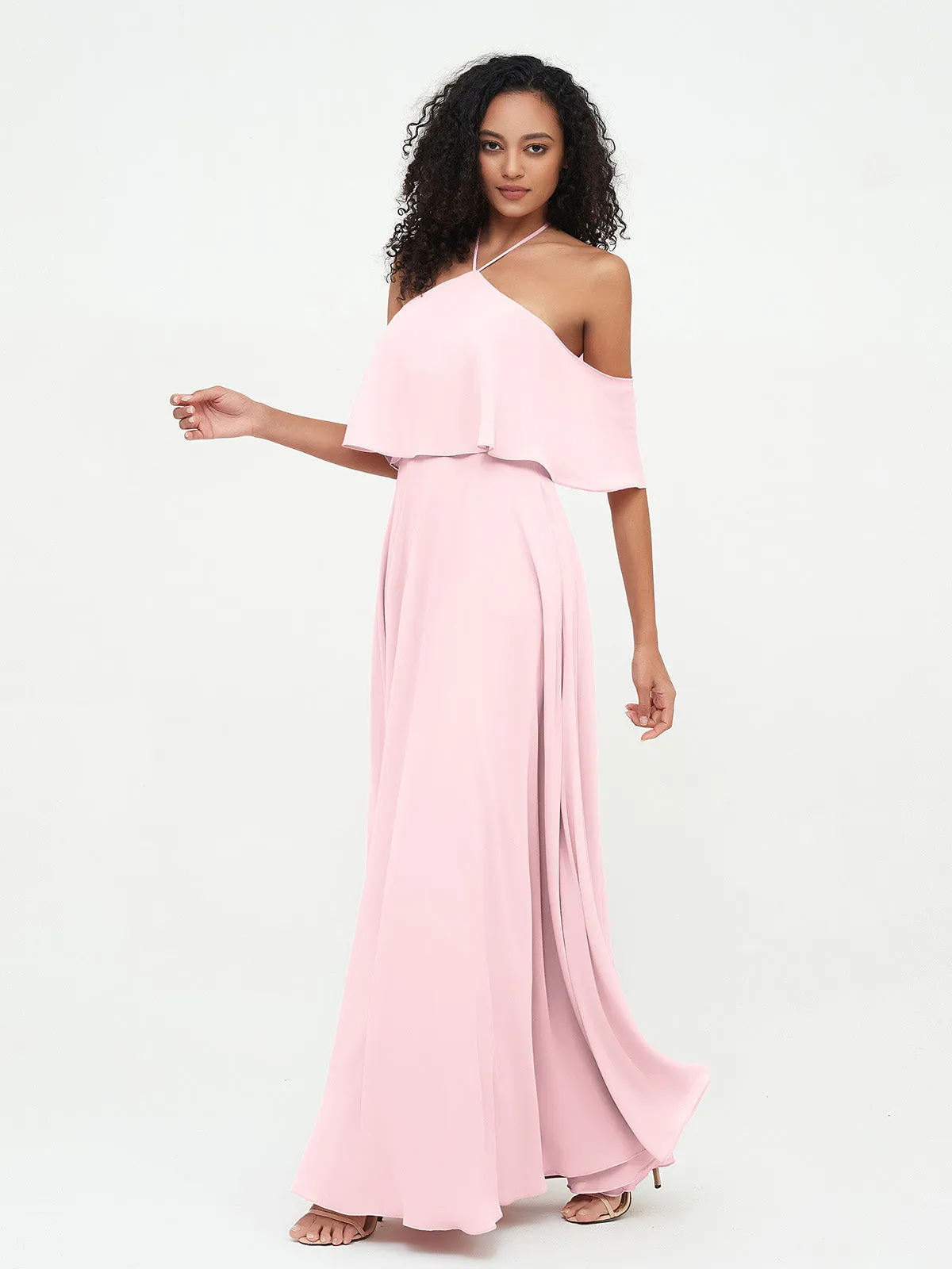 Halter Off the Shoulder Max Dresses with Pockets-Blushing Pink Plus Size