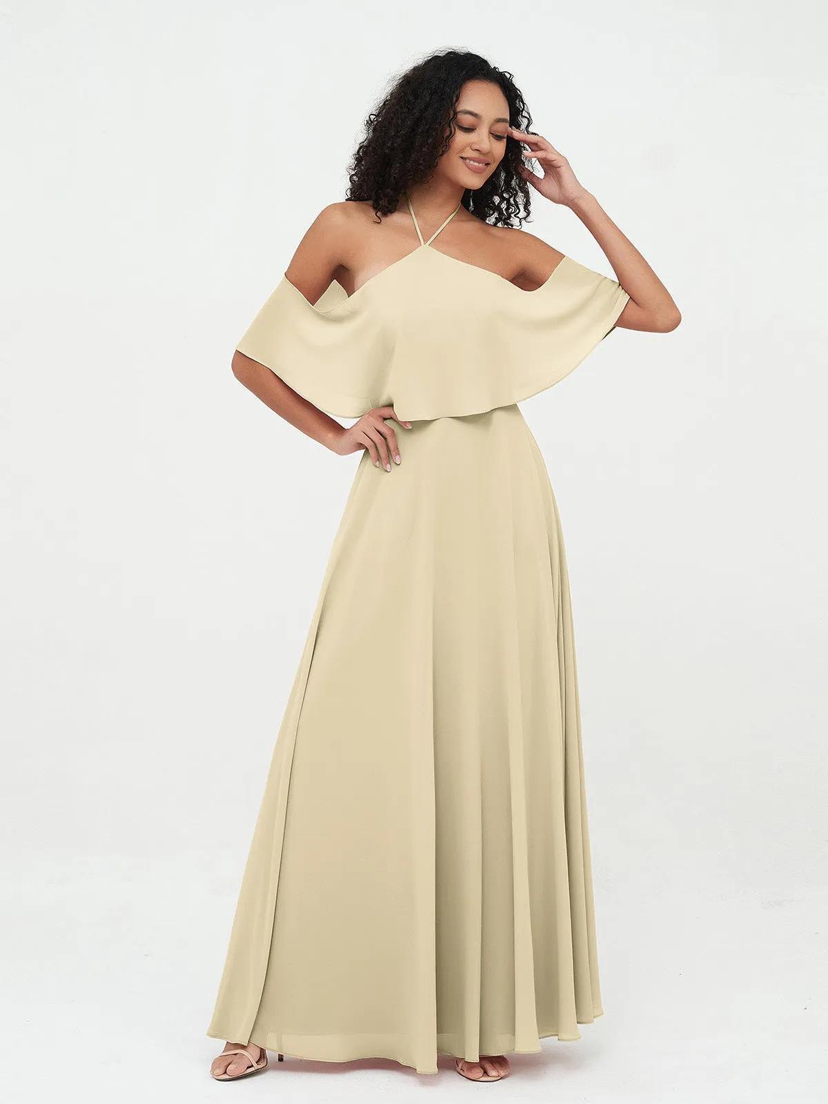 Halter Off the Shoulder Max Dresses with Pockets-Champagne
