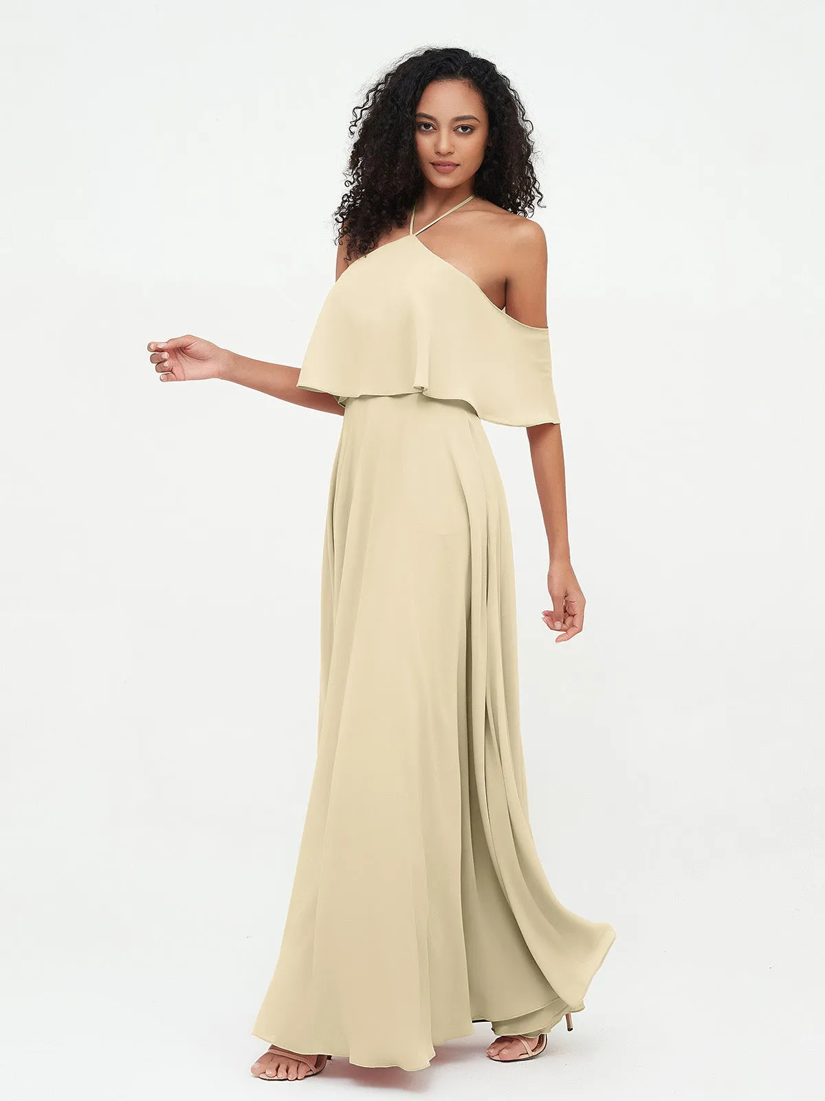 Halter Off the Shoulder Max Dresses with Pockets-Champagne