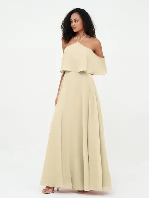 Halter Off the Shoulder Max Dresses with Pockets-Champagne