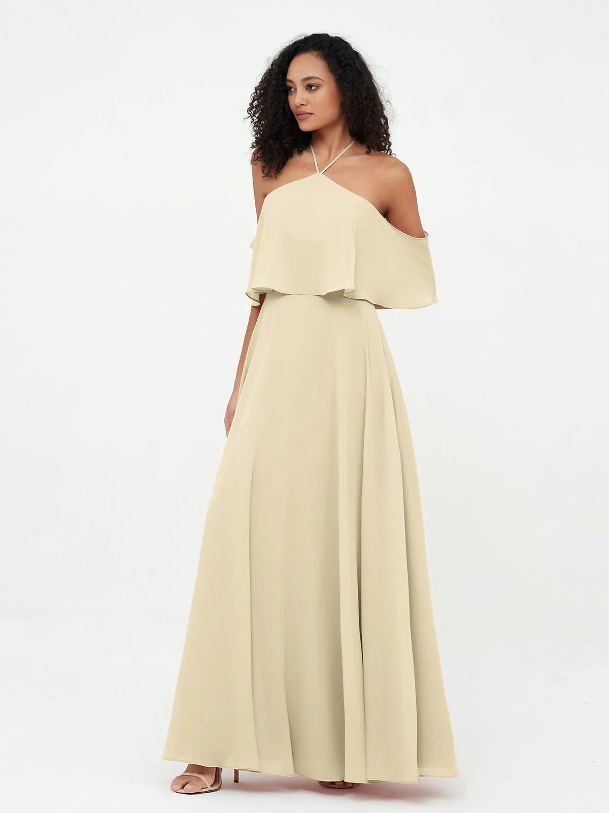 Halter Off the Shoulder Max Dresses with Pockets-Champagne