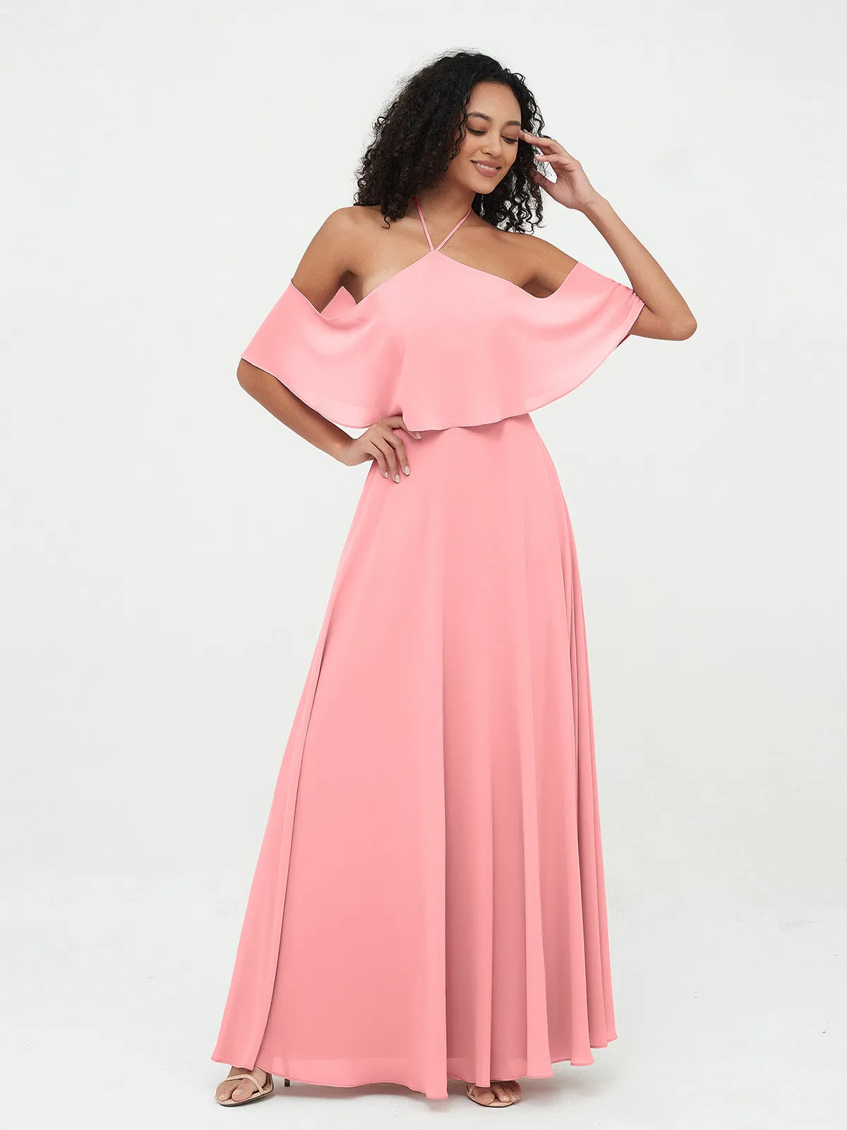 Halter Off the Shoulder Max Dresses with Pockets-Flamingo