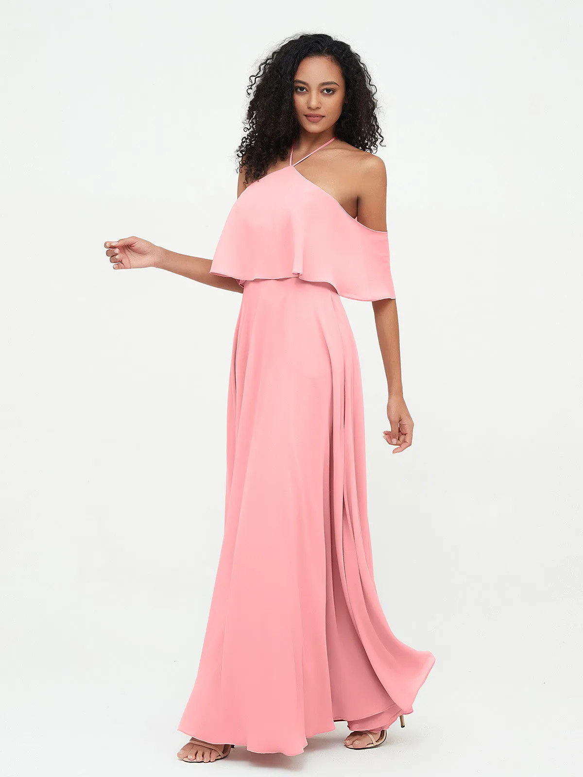 Halter Off the Shoulder Max Dresses with Pockets-Flamingo