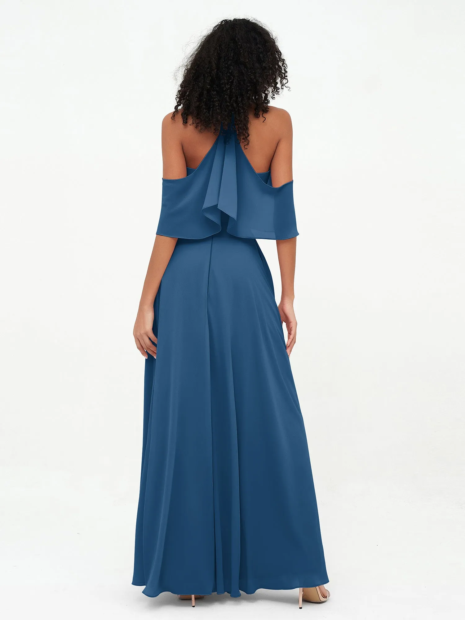 Halter Off the Shoulder Max Dresses with Pockets-Ink Blue Plus Size