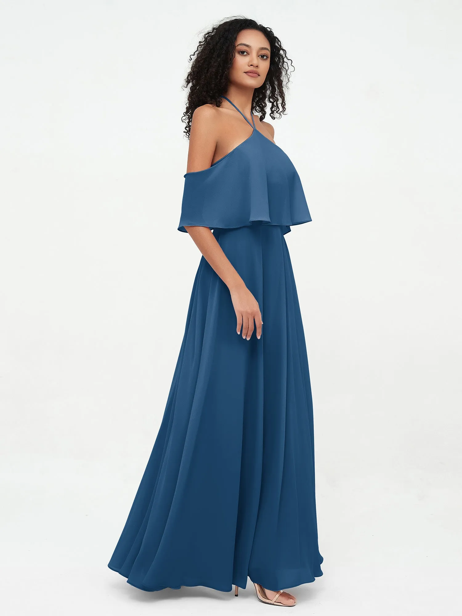 Halter Off the Shoulder Max Dresses with Pockets-Ink Blue Plus Size