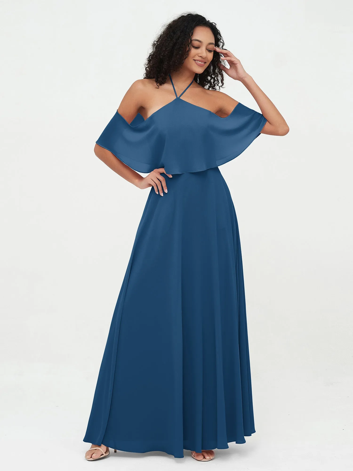 Halter Off the Shoulder Max Dresses with Pockets-Ink Blue Plus Size