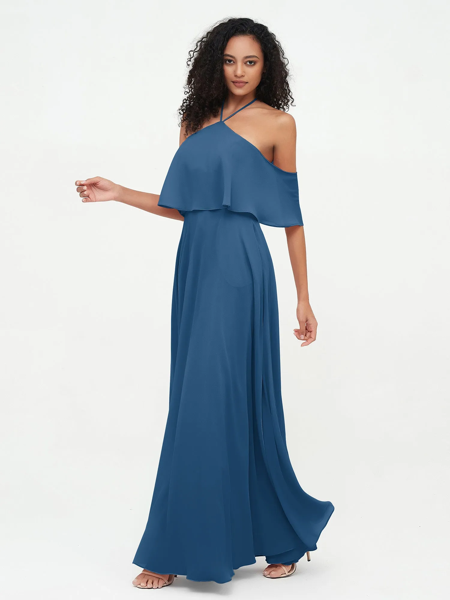 Halter Off the Shoulder Max Dresses with Pockets-Ink Blue Plus Size