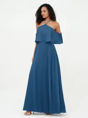 Halter Off the Shoulder Max Dresses with Pockets-Ink Blue Plus Size