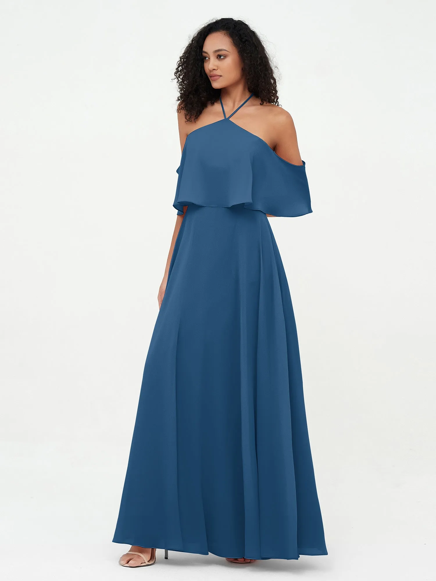 Halter Off the Shoulder Max Dresses with Pockets-Ink Blue Plus Size