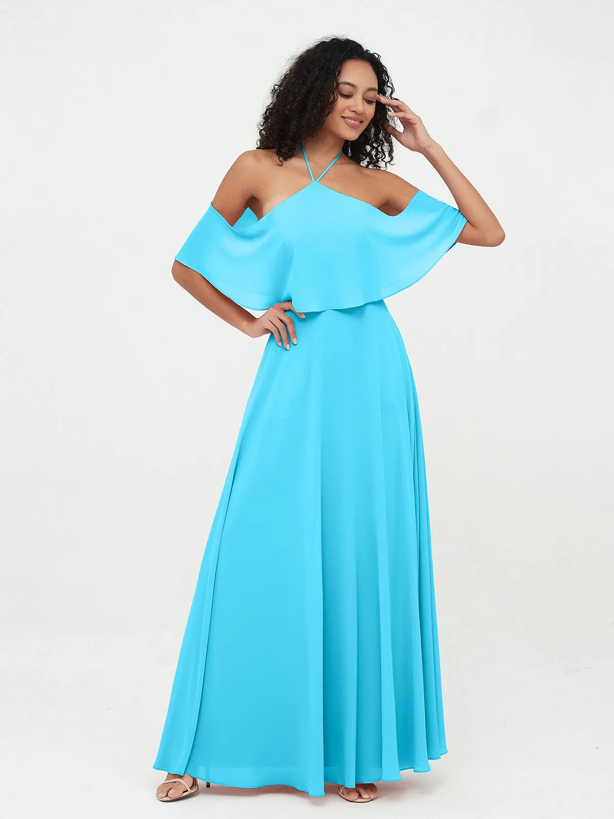 Halter Off the Shoulder Max Dresses with Pockets-Pool Plus Size