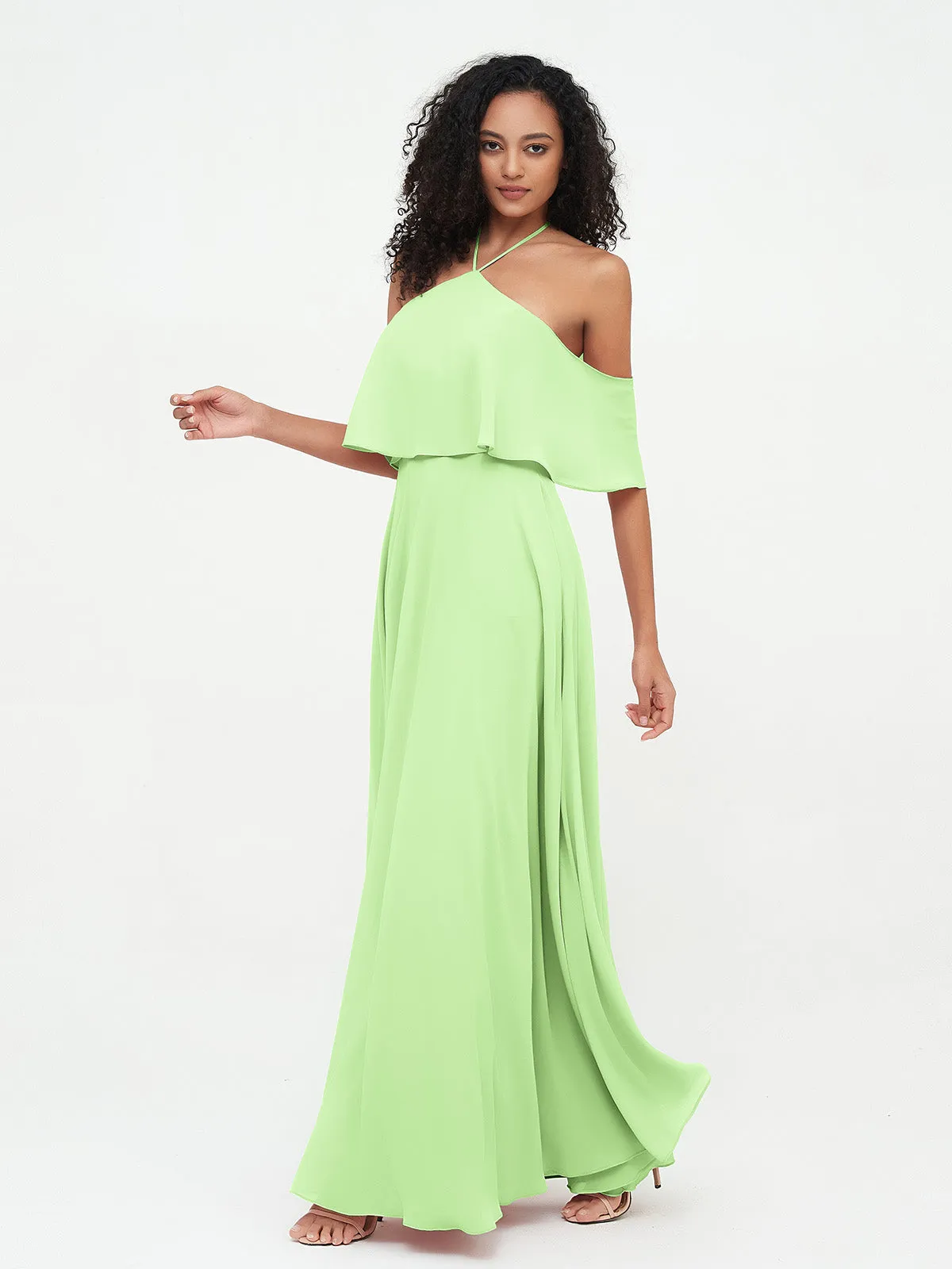 Halter Off the Shoulder Max Dresses with Pockets-Sage Plus Size
