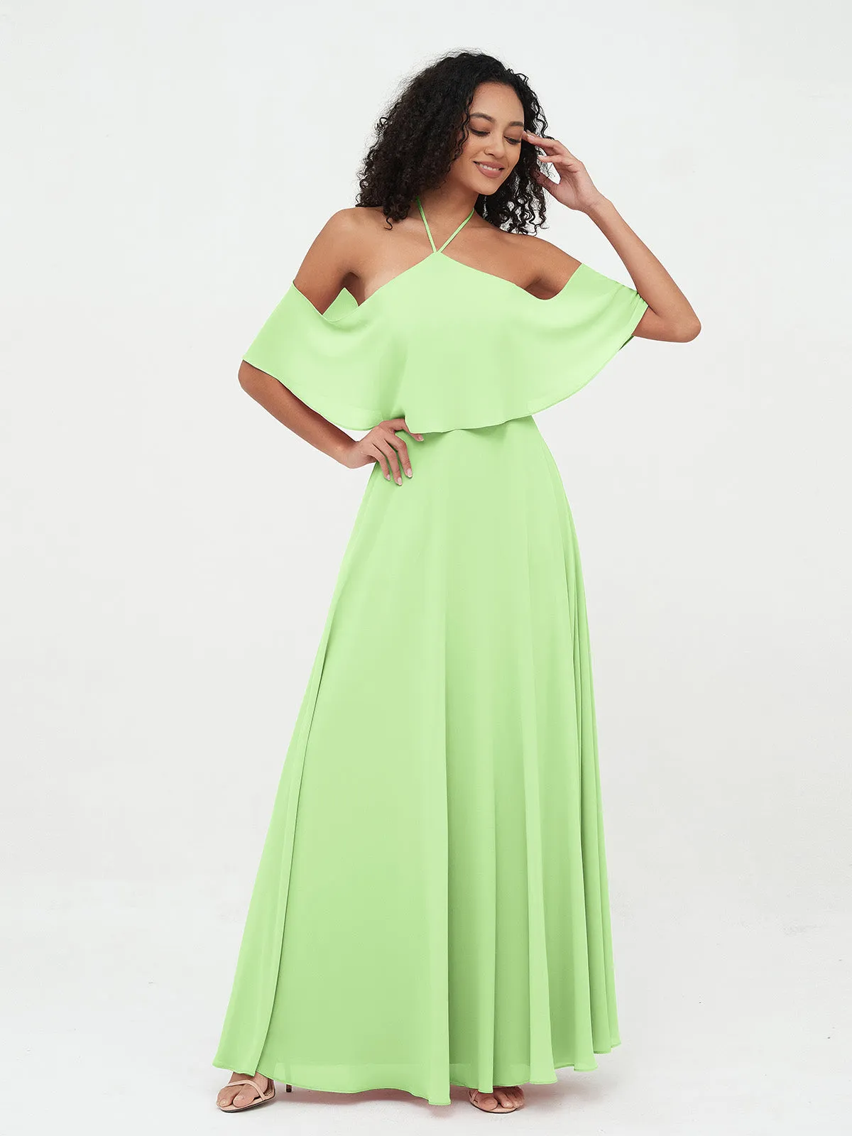 Halter Off the Shoulder Max Dresses with Pockets-Sage Plus Size