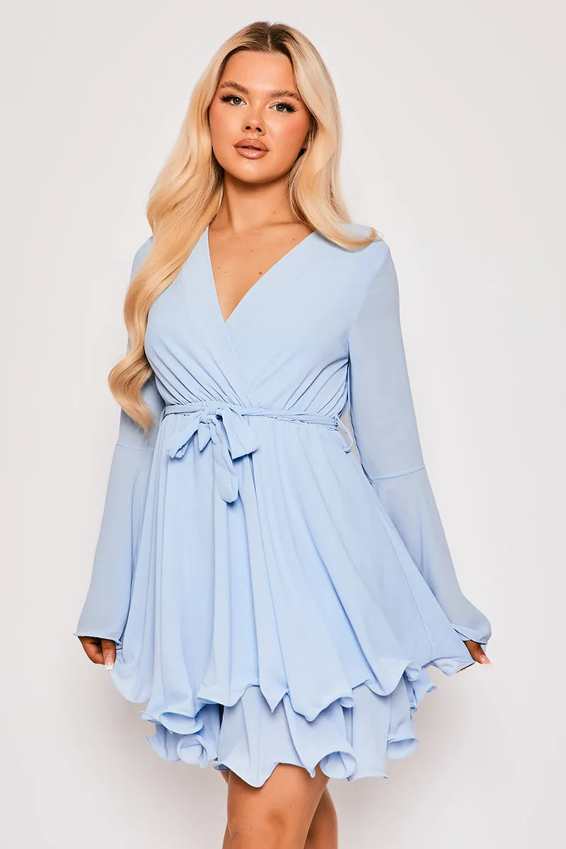 Hanella - Baby Blue Chiffon Belted Skater Dress
