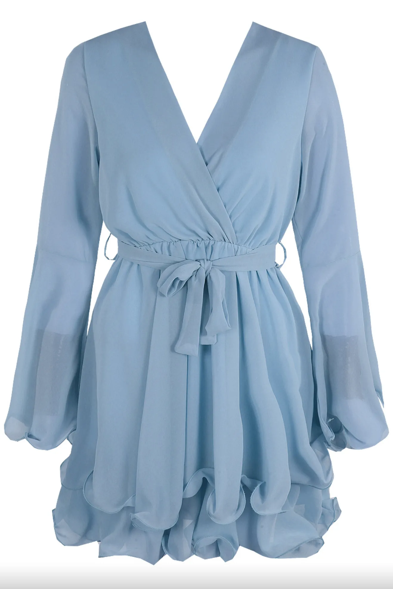 Hanella - Baby Blue Chiffon Belted Skater Dress
