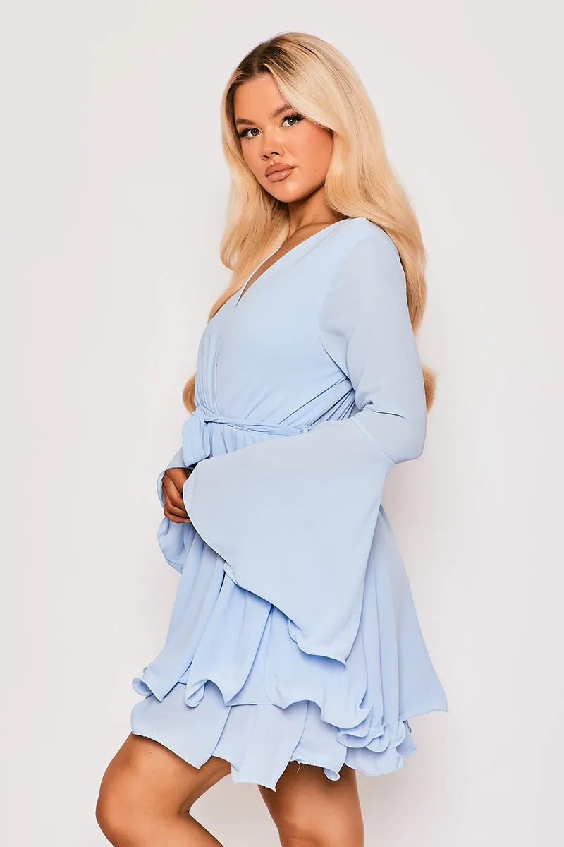 Hanella - Baby Blue Chiffon Belted Skater Dress