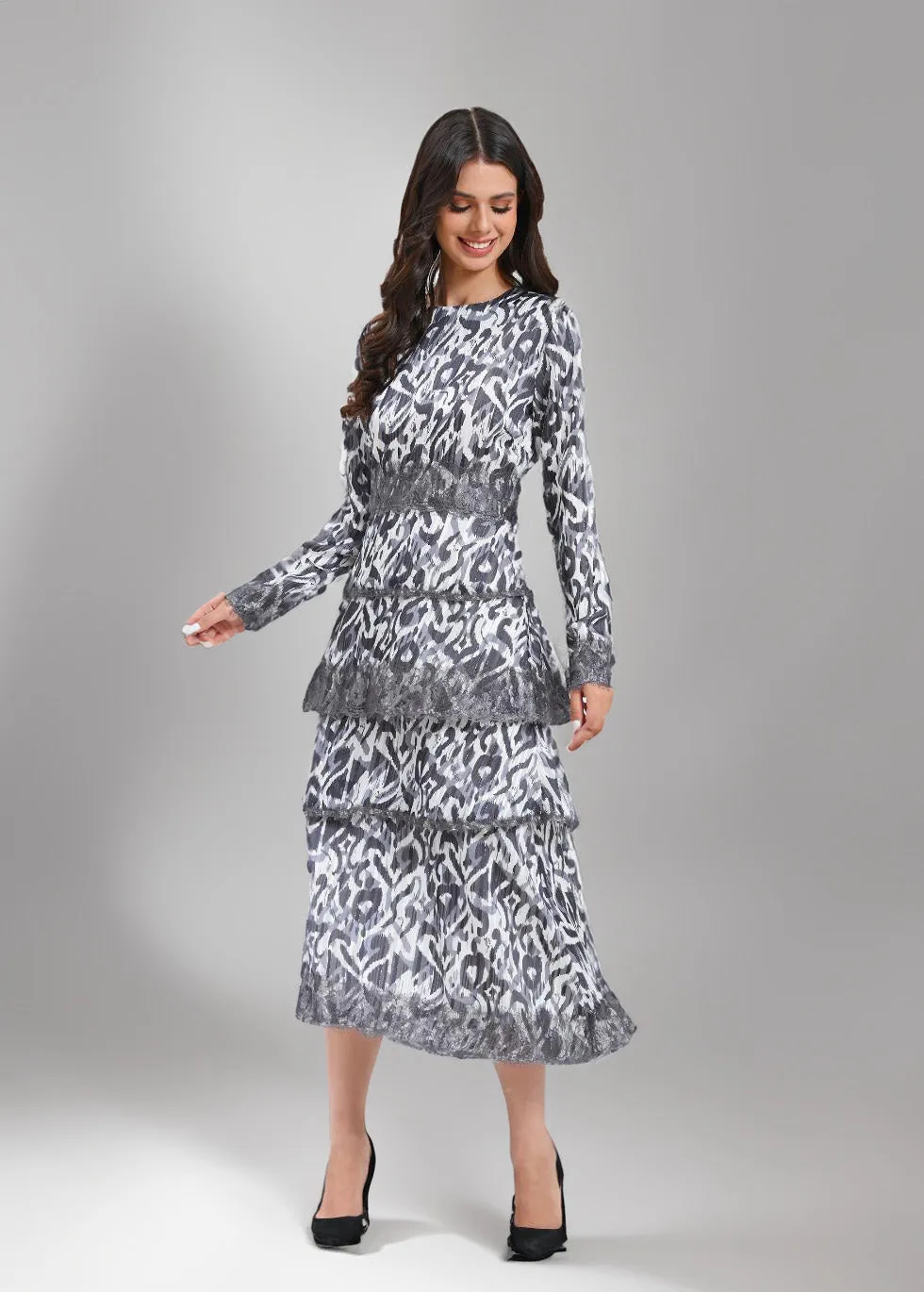 Icy Elegance Tiered Lace Dress