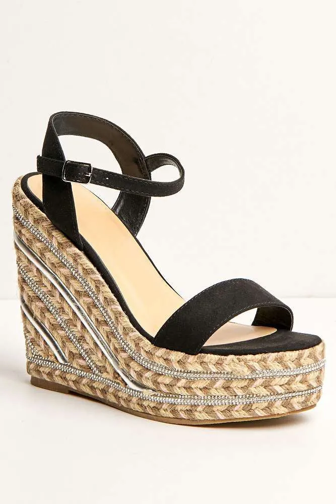 Imani Diamante Detailed Anklestrap Wedges in Black