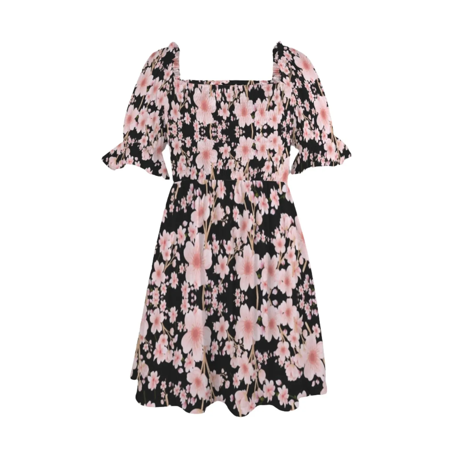 Japanese Pink Flowers Dark Ruffles Square Neck Dress up to 5 XL (FWS)