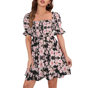 Japanese Pink Flowers Dark Ruffles Square Neck Dress up to 5 XL (FWS)