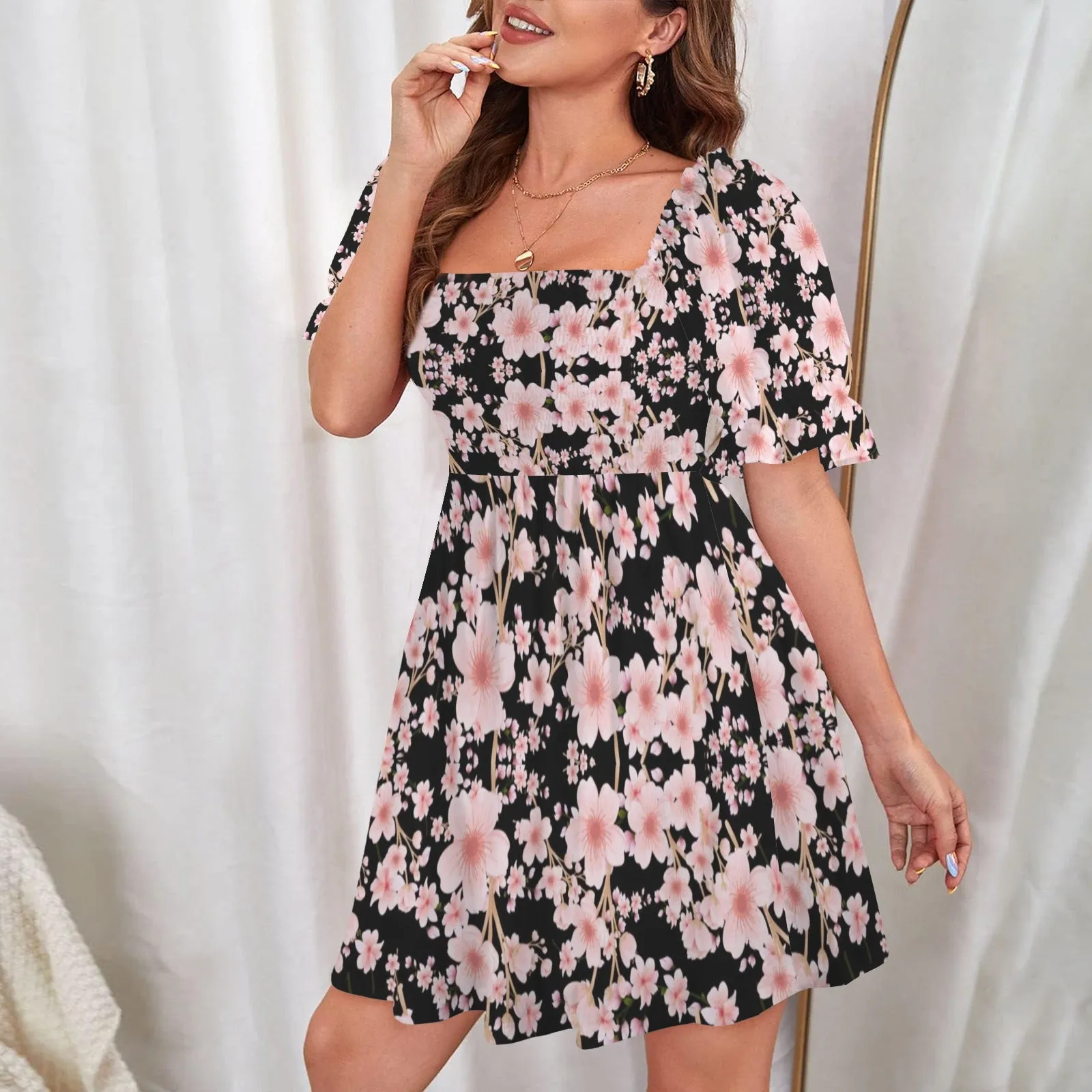Japanese Pink Flowers Dark Ruffles Square Neck Dress up to 5 XL (FWS)
