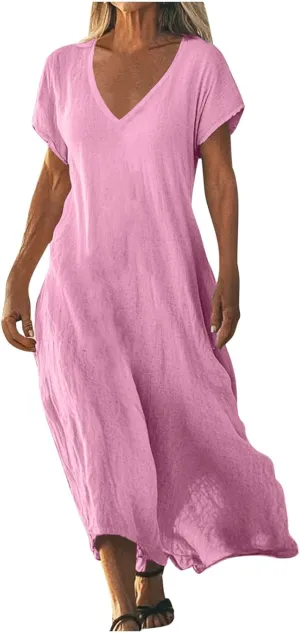 Linen Dresses for Women 2025 Trendy Vneck Long Maxi Dress Flowy Summer Sundresses Boho Beach Wear