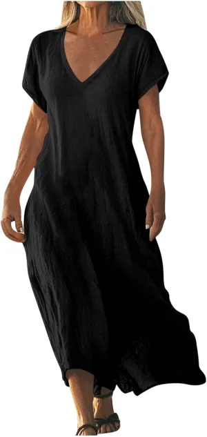 Linen Dresses for Women 2025 Trendy Vneck Long Maxi Dress Flowy Summer Sundresses Boho Beach Wear