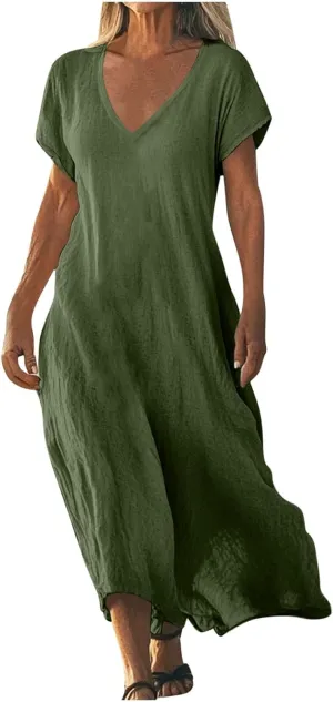 Linen Dresses for Women 2025 Trendy Vneck Long Maxi Dress Flowy Summer Sundresses Boho Beach Wear