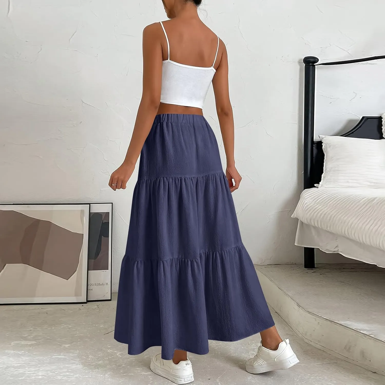 Linen Maxi Skirts for Women 2025 Summer Bow Elastic Waist A Line Tiered Boho Skirt Vacation Beach Long Pleated Skirt
