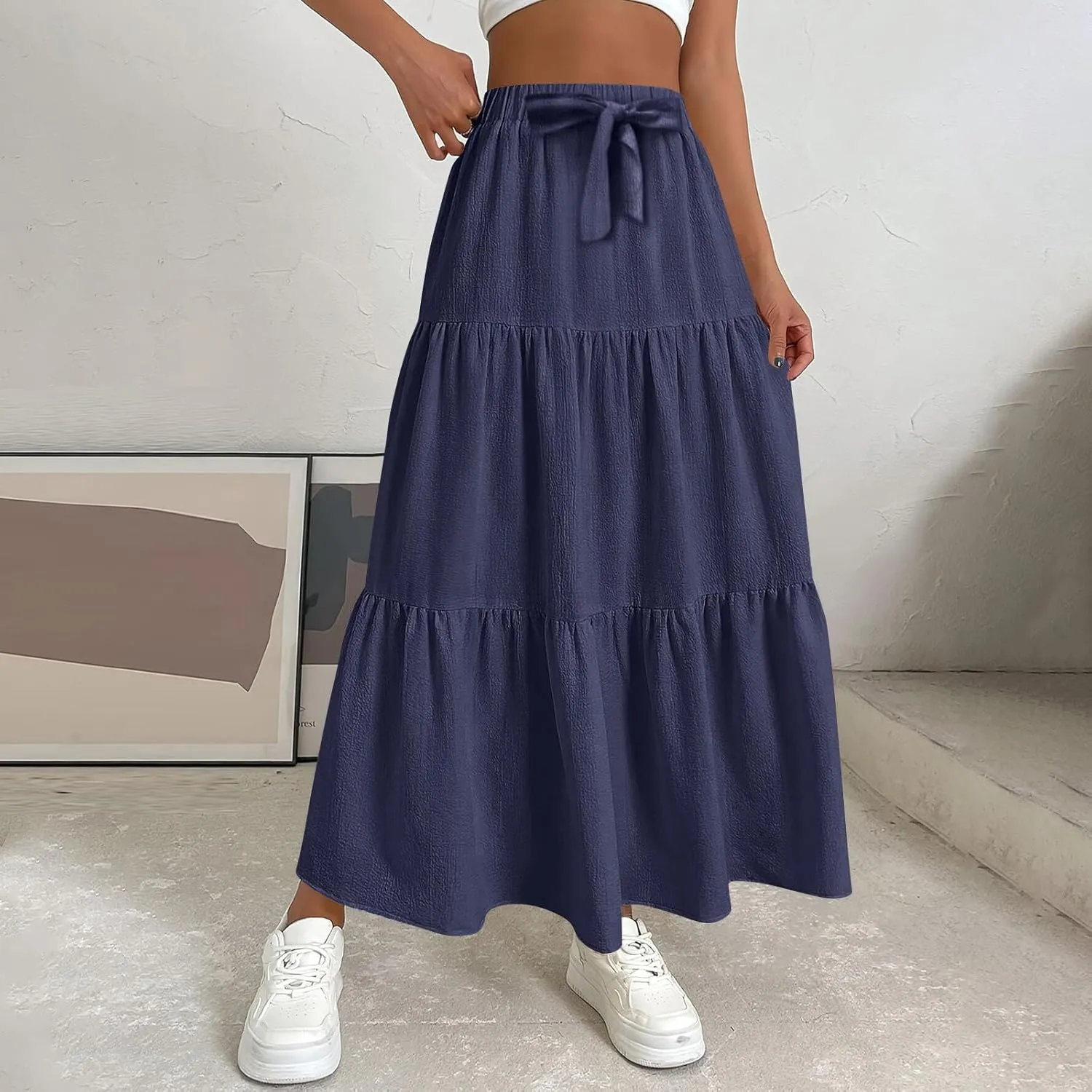 Linen Maxi Skirts for Women 2025 Summer Bow Elastic Waist A Line Tiered Boho Skirt Vacation Beach Long Pleated Skirt