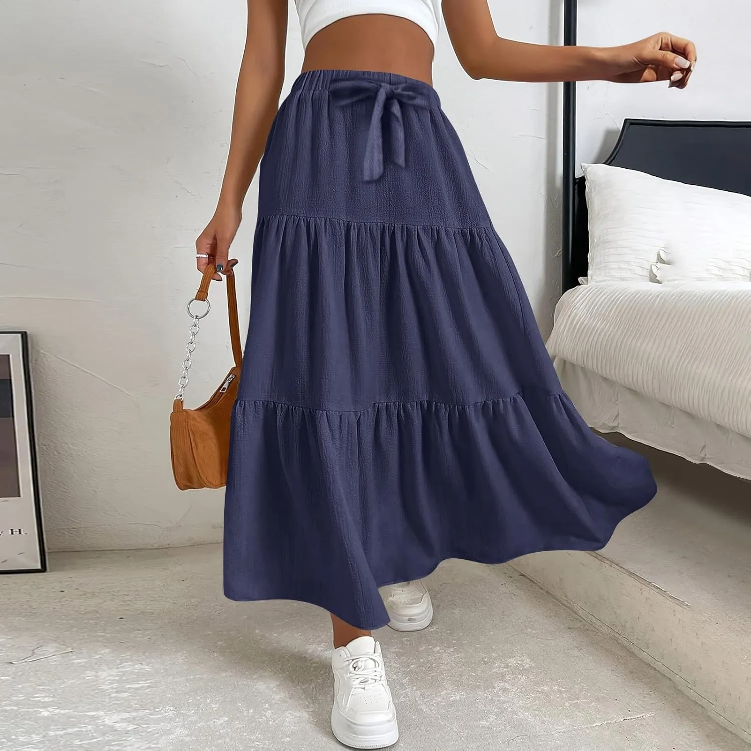 Linen Maxi Skirts for Women 2025 Summer Bow Elastic Waist A Line Tiered Boho Skirt Vacation Beach Long Pleated Skirt