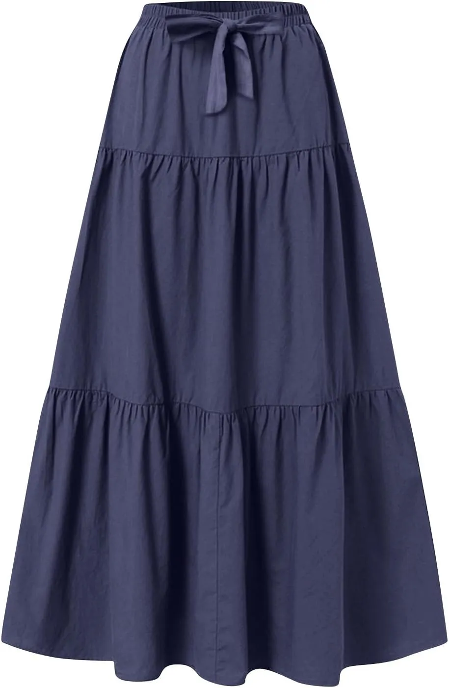 Linen Maxi Skirts for Women 2025 Summer Bow Elastic Waist A Line Tiered Boho Skirt Vacation Beach Long Pleated Skirt
