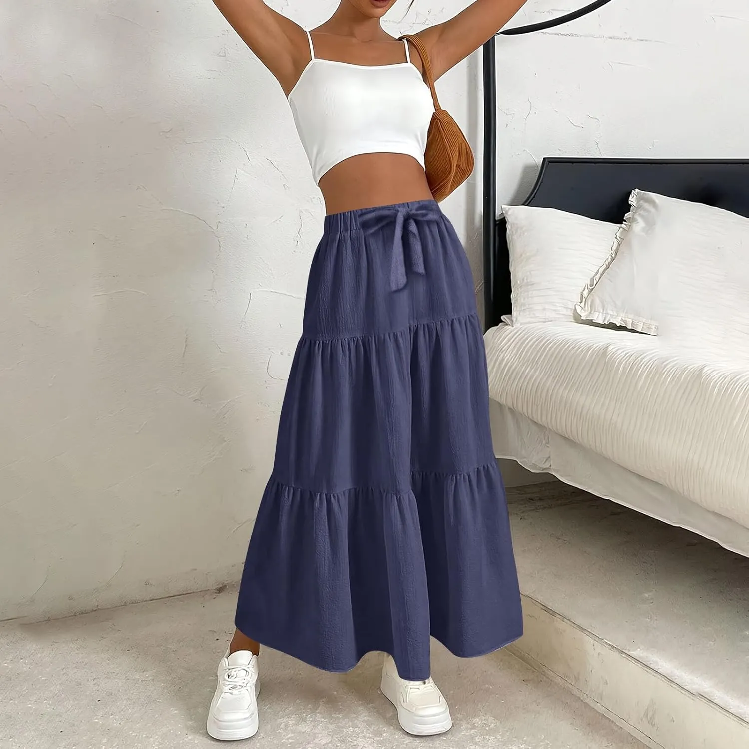 Linen Maxi Skirts for Women 2025 Summer Bow Elastic Waist A Line Tiered Boho Skirt Vacation Beach Long Pleated Skirt