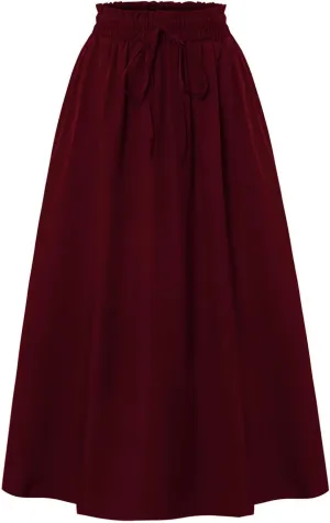 Linen Skirt Women Midi Summer Drawstring Elastic High Waist A-Line Ruffle Elegant Skirt Knee Length with Pockets