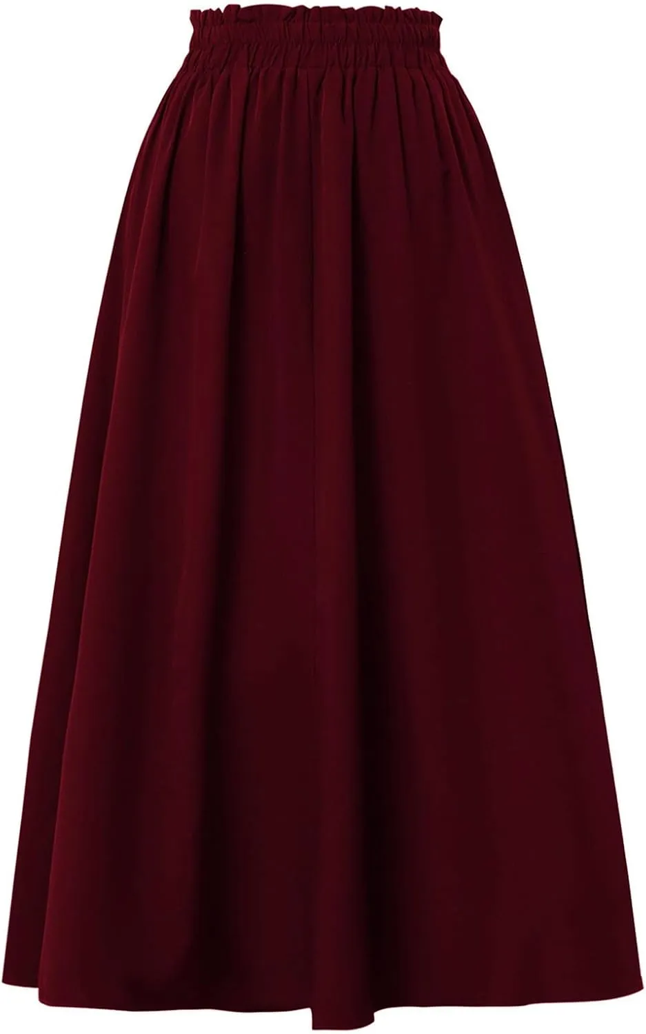Linen Skirt Women Midi Summer Drawstring Elastic High Waist A-Line Ruffle Elegant Skirt Knee Length with Pockets