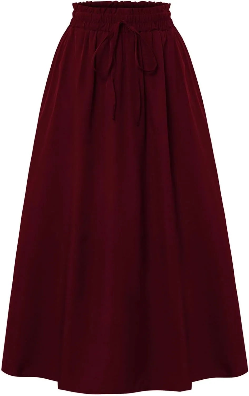 Linen Skirt Women Midi Summer Drawstring Elastic High Waist A-Line Ruffle Elegant Skirt Knee Length with Pockets
