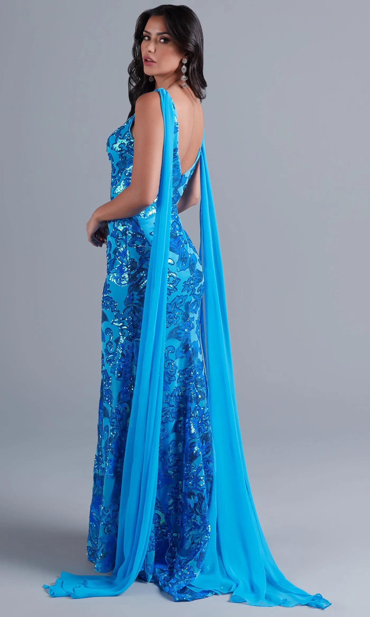 Long Sequin Formal Dress with Shoulder Capes