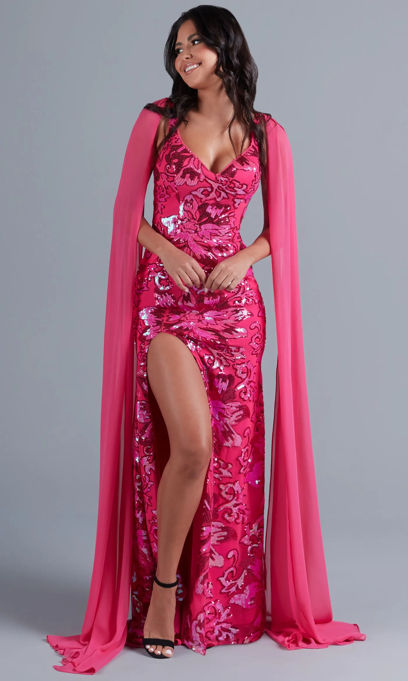 Long Sequin Formal Dress with Shoulder Capes
