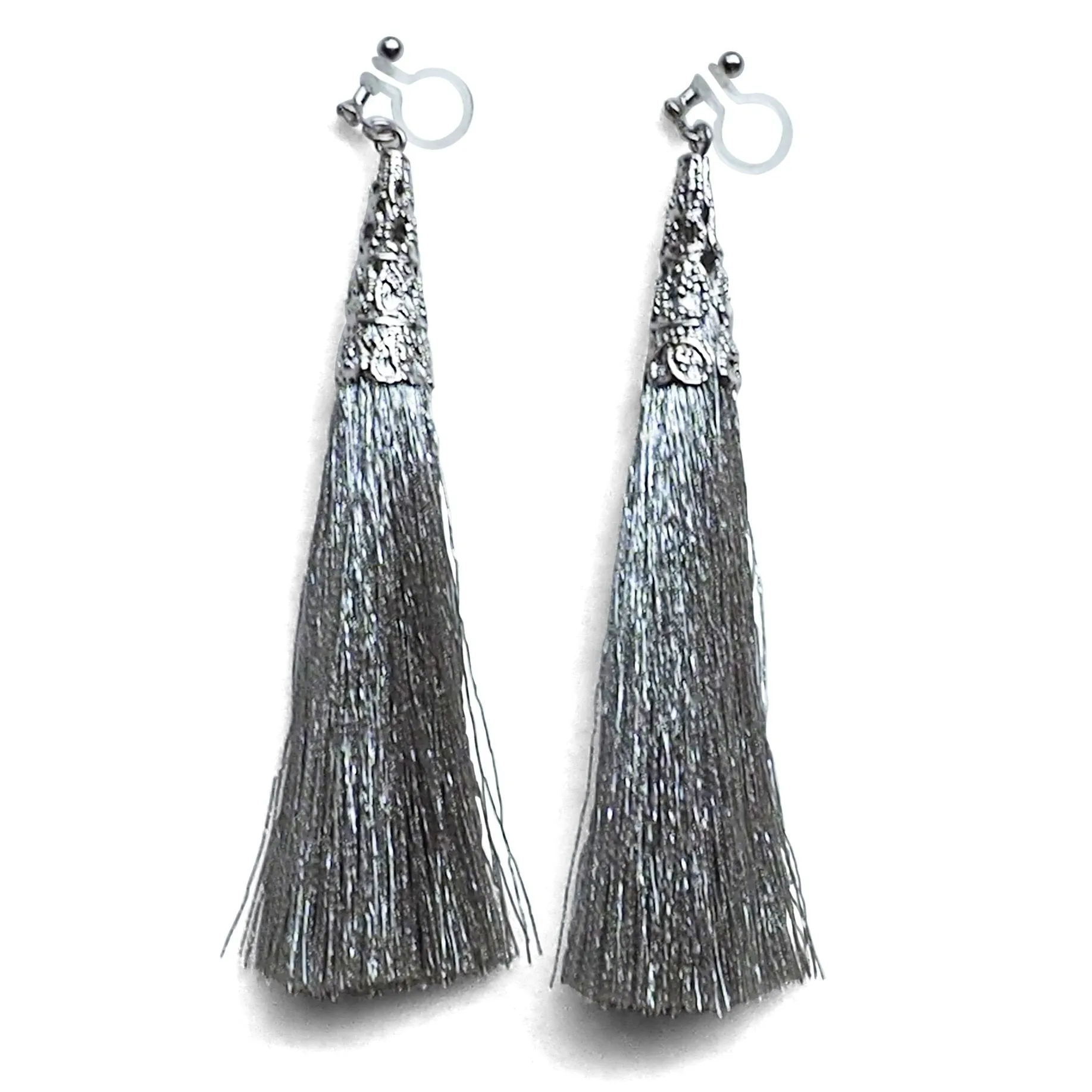 Long Silver Tassel Invisible Clip On Earrings