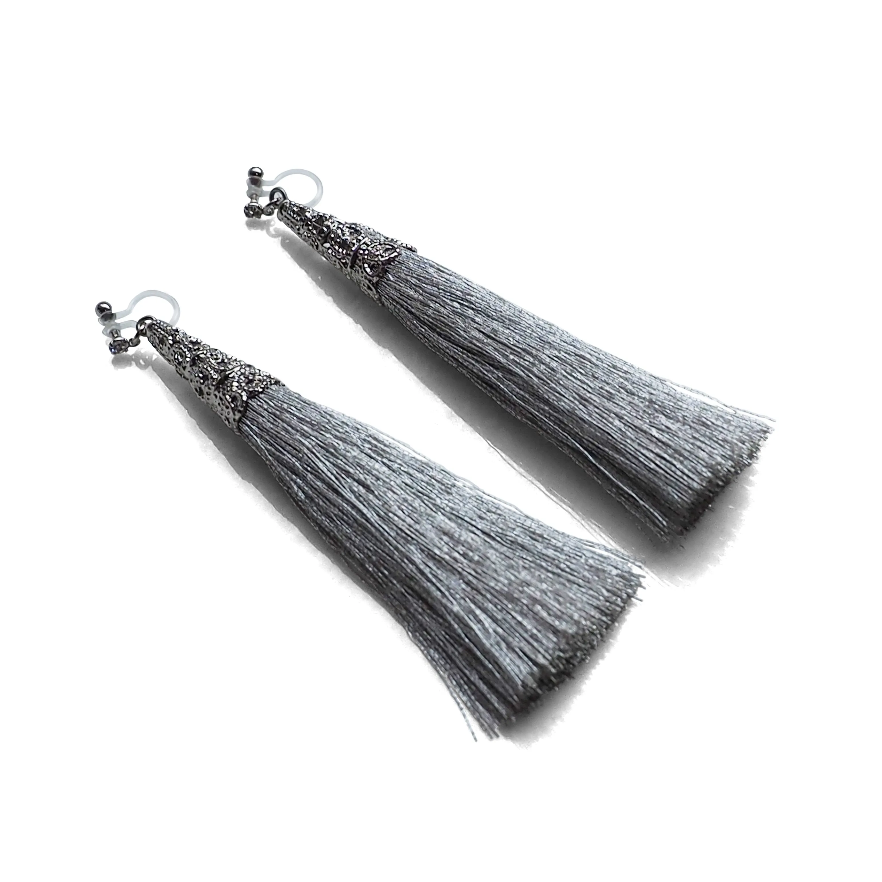 Long Silver Tassel Invisible Clip On Earrings